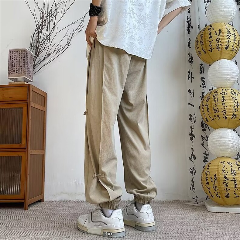 夏季新款高级新中式风盘扣裤子男士垂感宽松直筒阔腿休闲长裤,男装休闲裤,星座410-7