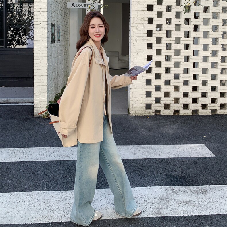 浅卡其色工装风衣外套女2025春秋新款港风休闲小个子中长款大衣潮,女装风衣,2D013