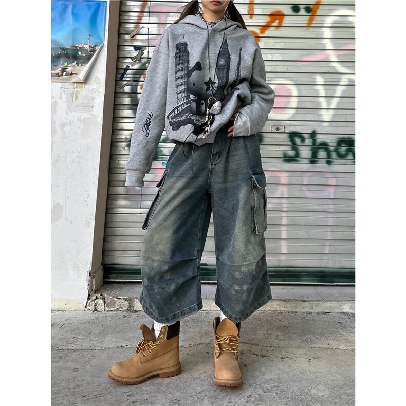 工装牛仔七分短裤男女夏季复古宽松中裤擦白水洗褶皱裤DK1234-p55,男装牛仔裤,星座302B