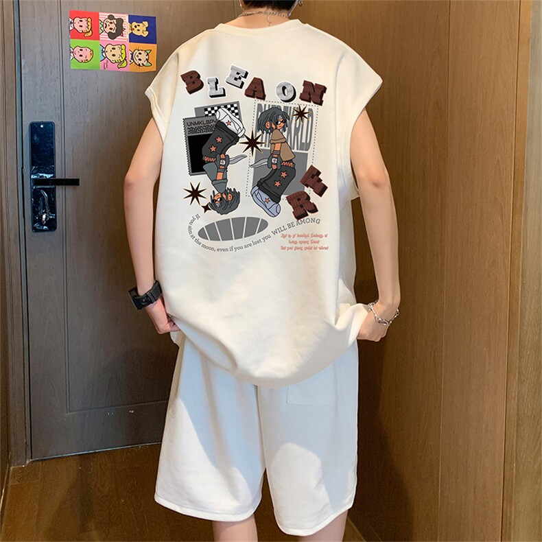 直播美式麂皮绒宽松背心无袖t恤短裤大码两件套套装TZ61-P58,男装T恤,电商A486