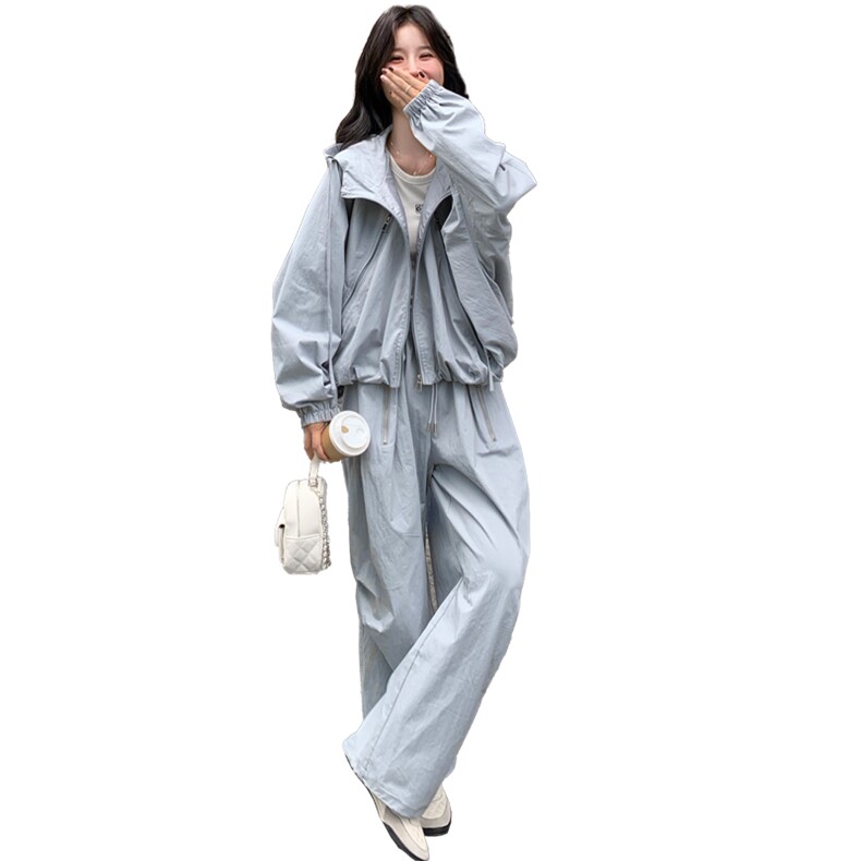 2025秋款宽松少女感外套运动蝙蝠袖+直筒裤套装,女装套装/套裙,纯色衣恋