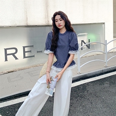蕾丝拼接格子衬衫阔腿裤套装女夏2025新款超火绝美松驰感ootd爆款，女装套装/套裙，1C150