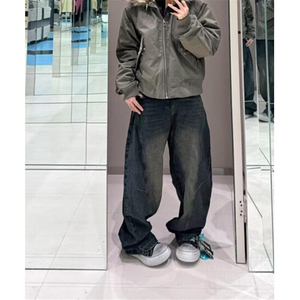 复古水洗解构弯刀牛仔裤男女宽松直筒美式休闲阔腿拖地裤 N1049图片
