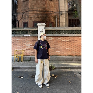 美式复古多口袋褶皱工装裤男高街cleanfit廓形裁剪直筒微喇Q99p55图片