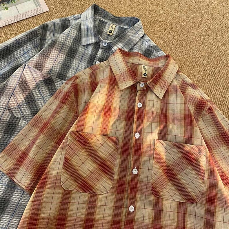 美复古格子短袖夏季宽松上衣外套潮XZ402-2P28控45货足CS70特批式,男装T恤,星座402-2