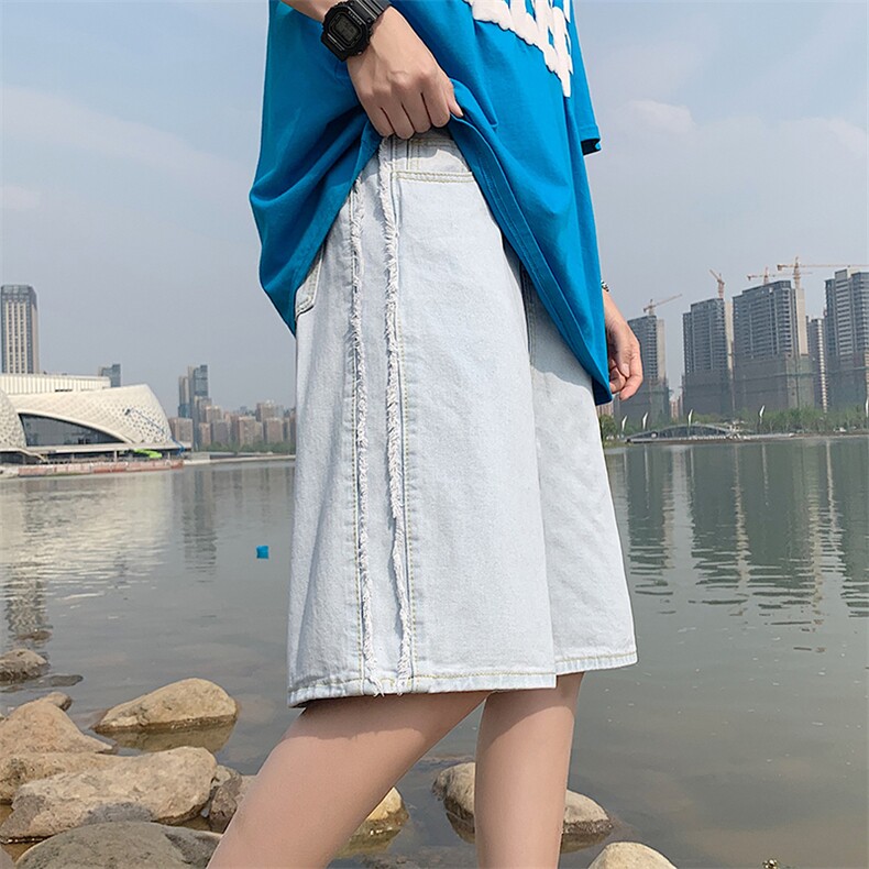 牛仔短裤男夏季新款五分裤子设计感小众毛边宽松马裤N0476-P38,男装牛仔裤,星座308B-1