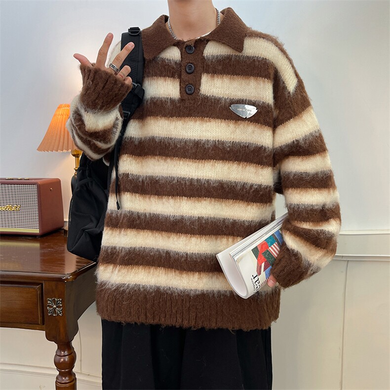 秋款男针织衫polo领套头毛衣字条纹拼色铁牌打底外套M5611P65,男装针织衫/毛衣,星座1013-1