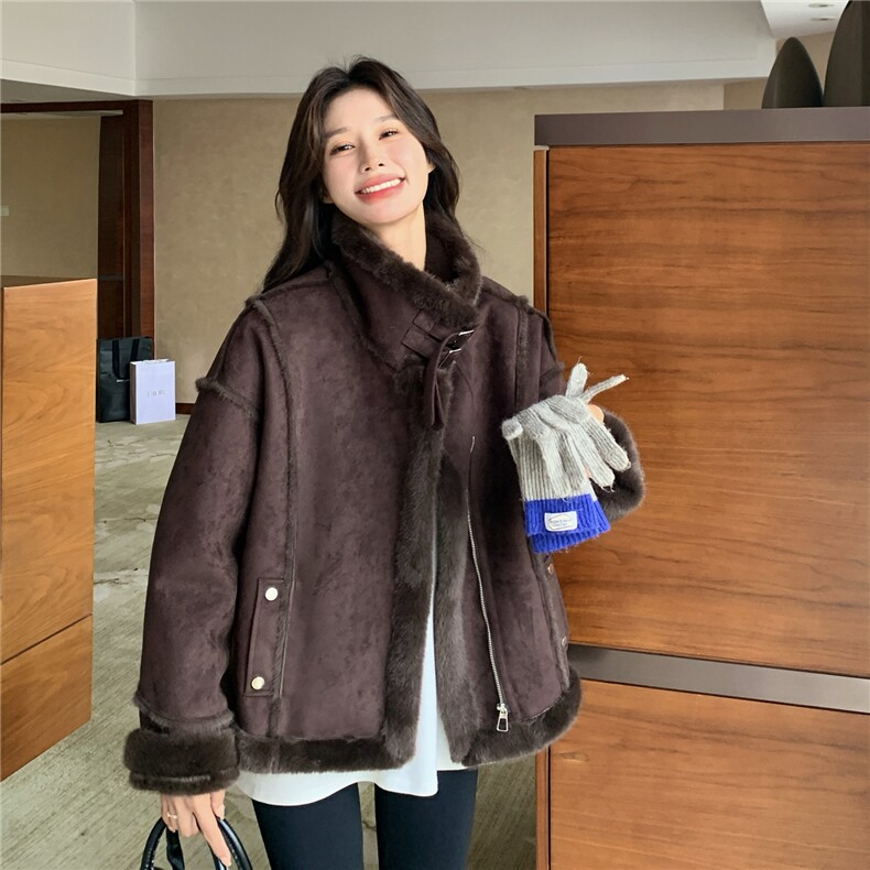 咖色仿皮毛一体羊羔毛外套女秋冬2025新款韩系小个子加厚保暖棉服,女装皮草,2C218