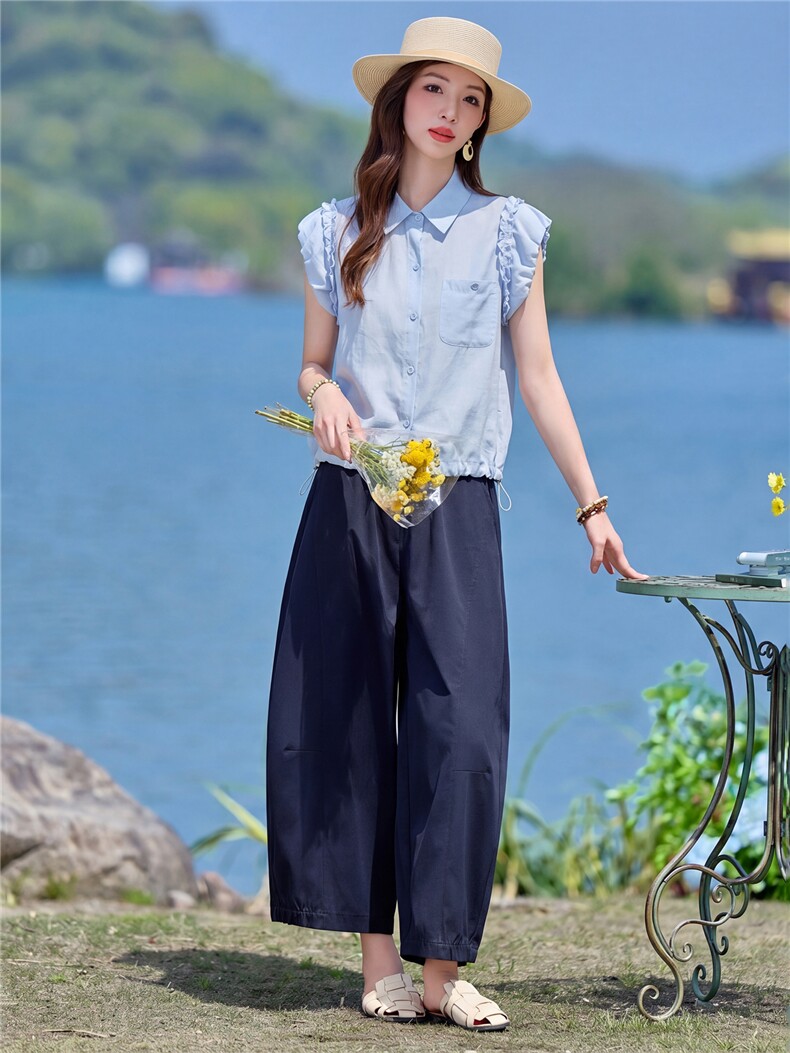 2026年夏季新款木耳边甜美衬衫阔腿裤两件套套装女,女装套装/套裙,依路服饰