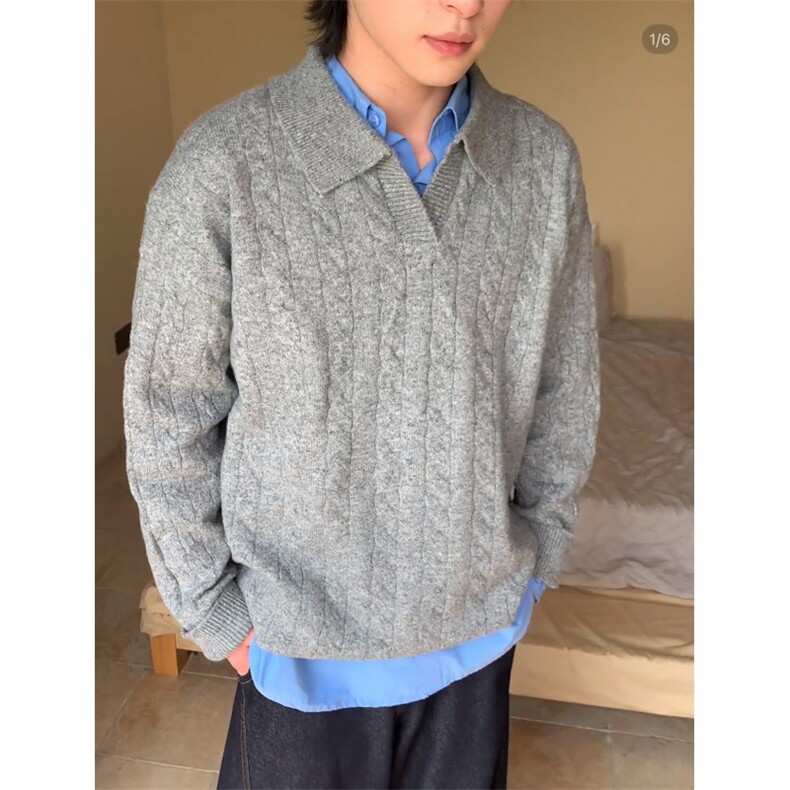 现货】老钱风翻领麻花毛衣POLO领针织衫M8613-P55,男装Polo衫,星座1212