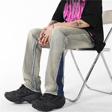 美式高街黄泥染拼色直筒街头vibe风弹力牛仔裤男女裤显瘦NH06-P45，男装牛仔裤，星座1008