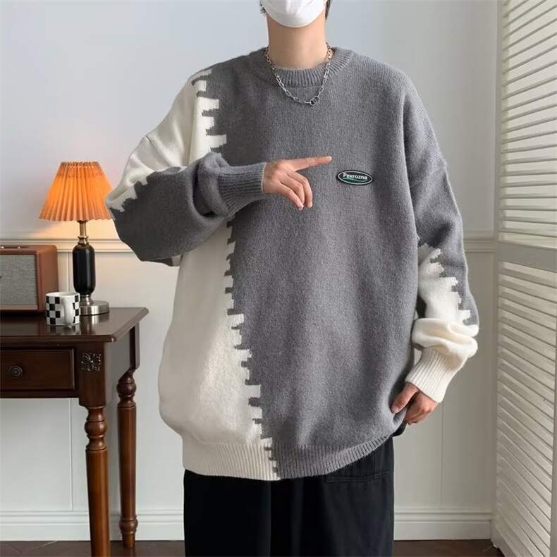 秋冬情侣韩系慵懒风毛衣撞色拼接设计感圆领针织衫男 M664-P38图片
