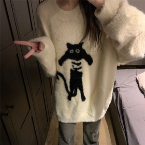 MM146-P68  学生秋冬宽松百搭针织日系甜美可爱猫咪提花套头毛衣图片