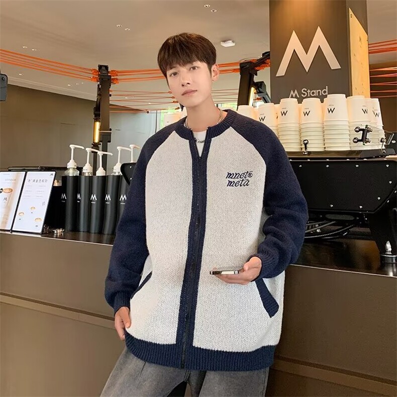 针织开衫男女韩版潮流字母刺绣拼色口袋2024冬毛衣外套MZ512-P62,男装针织衫/毛衣,星座412-3