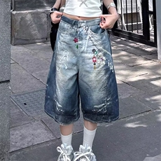美式复古链子卡通印花牛仔七分裤女夏季街头设计感宽松蓝色五分裤，男装牛仔裤，星座506A