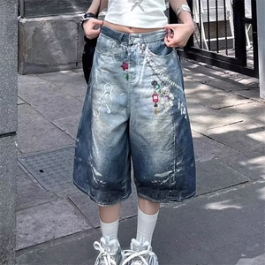 美式复古链子卡通印花牛仔七分裤女夏季街头设计感宽松蓝色五分裤图片