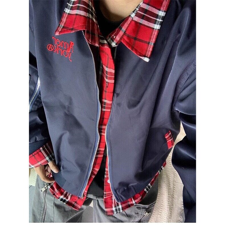 美式小众格子拼接假两件外套男女春季复古工装飞行员夹克JK8561,男装夹克,星座1116A（原606A-3）