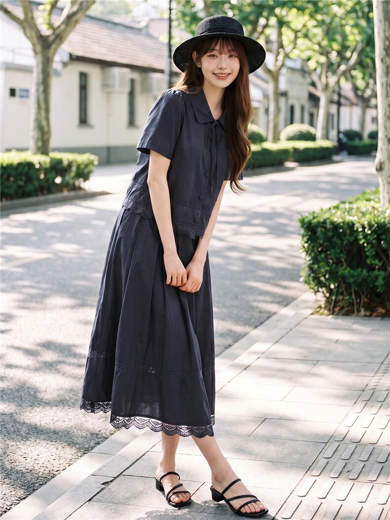 蕾丝拼接娃娃领系带上衣松紧腰半裙学院风套装女,女装套装/套裙,水衣源