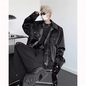 简约潮流气质鳄鱼纹垫肩皮衣情侣PU皮上衣原宿新款日系百搭时尚图片