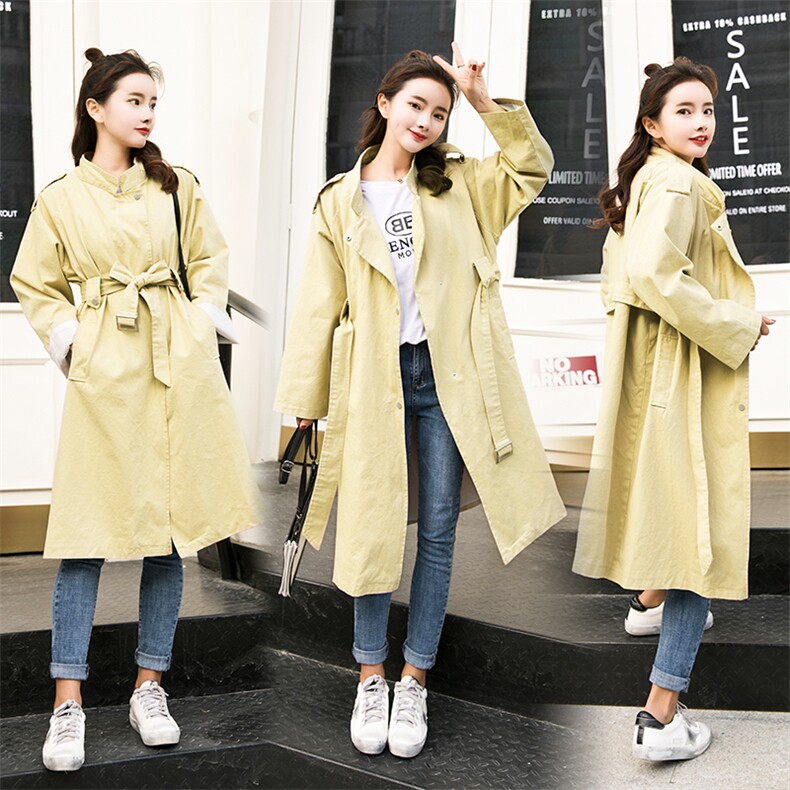 长袖长款2021年春季风衣纯色舒适系带气质修身显瘦，女装风衣，诗贝淇