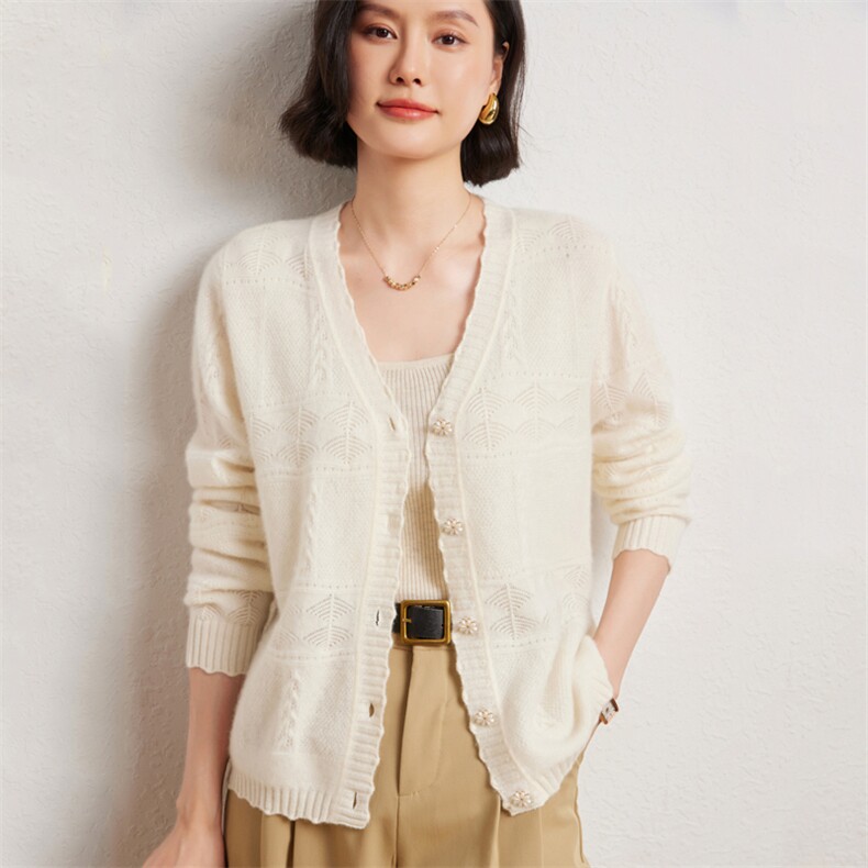 优雅女士V领镂空开衫10%轻盈保暖时尚百搭，女装羊绒衫，臻维羊绒