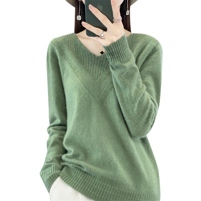 一线成衣100%纯羊毛衫女V领镂空钩花长袖毛衣宽松羊绒衫打底上衣,女装羊毛衫,昭美羊绒