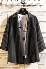 2023夏季新款大码男潮流日系砖墙挂拍休闲条纹七分袖衬衫C515-P40图片