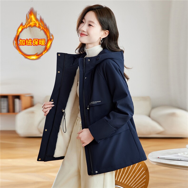 休闲连帽加绒加厚冲锋衣外套女2025秋冬新款中长款收腰派克服棉服，女装棉衣/棉服，慕咨