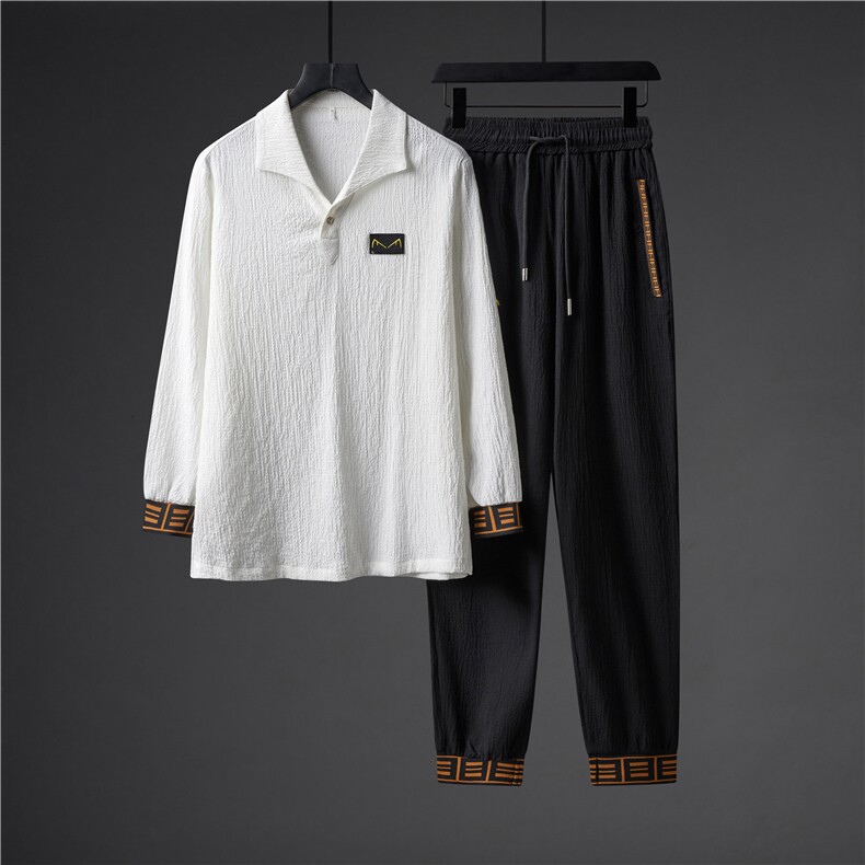 秋季新款休闲运动套装风高端V领定制轻薄褶皱长袖两件套TZ308，男装休闲套装，星座305A（原312A-1）