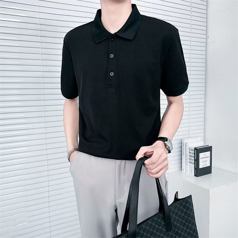冰丝条纹短袖Polo衫男新款夏上衣潮流高级感纯色翻领t恤保罗PL04，男装Polo衫，星座1116A-2（原606A-1）