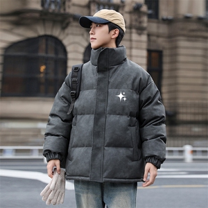 港风冬季新款棉衣男印花宽松PU皮立领面包服大码外套男MY625-P128图片