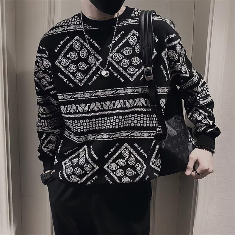 欧货站秋季男士新款时尚休闲提花卫衣潮流修身圆领长袖打底衫图片