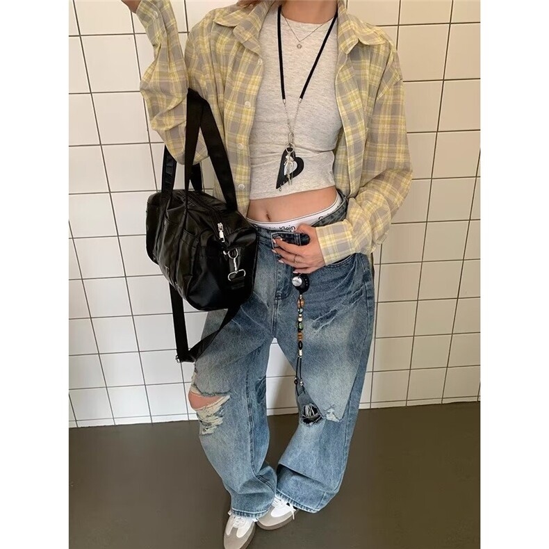 美式复古破洞字母刺绣牛仔裤男女宽松休闲直筒阔腿百搭长裤,男装牛仔裤,星座506A