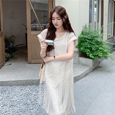 法式设计感不规则流苏拼接刺绣连衣裙女2025夏季新款绝美显瘦长裙，女装连衣裙，2C323