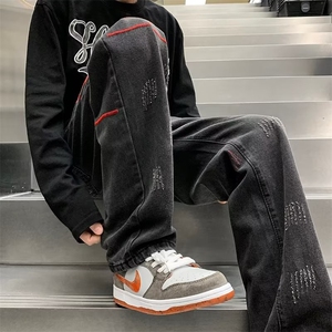 美式做旧牛仔裤男秋冬季直筒裤子高街宽松刺绣阔腿长裤NK2430-P43图片