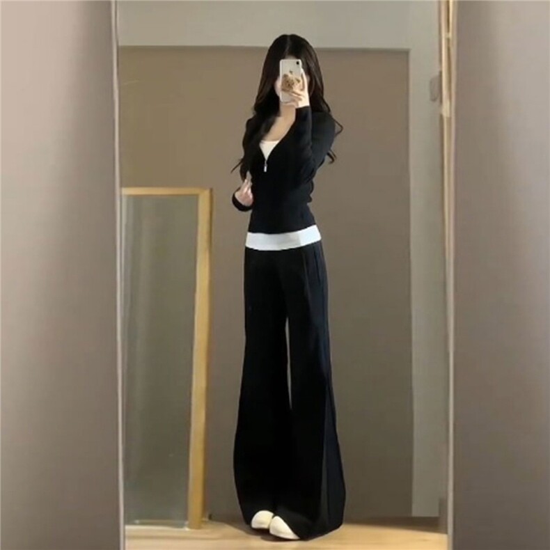 韩版时尚修身显瘦套装女秋款连帽开衫外套内搭背心阔腿长裤三件套,女装套装/套裙,江南