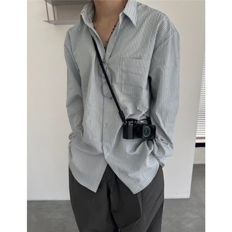 条纹休闲衬衫男春季宽松长袖衬衣韩版潮流翻领上衣710-806P50,男装衬衫,星座710