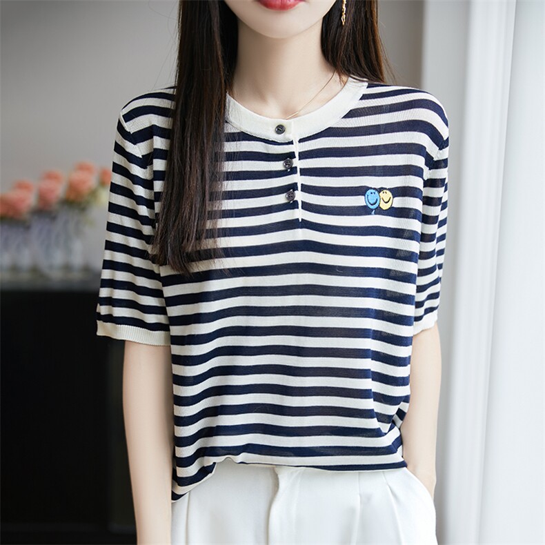 2025夏季薄款短袖T恤女设计感条纹休闲拼色正肩半袖t恤减龄上衣新,针织衫/毛衣,郡淞羊绒