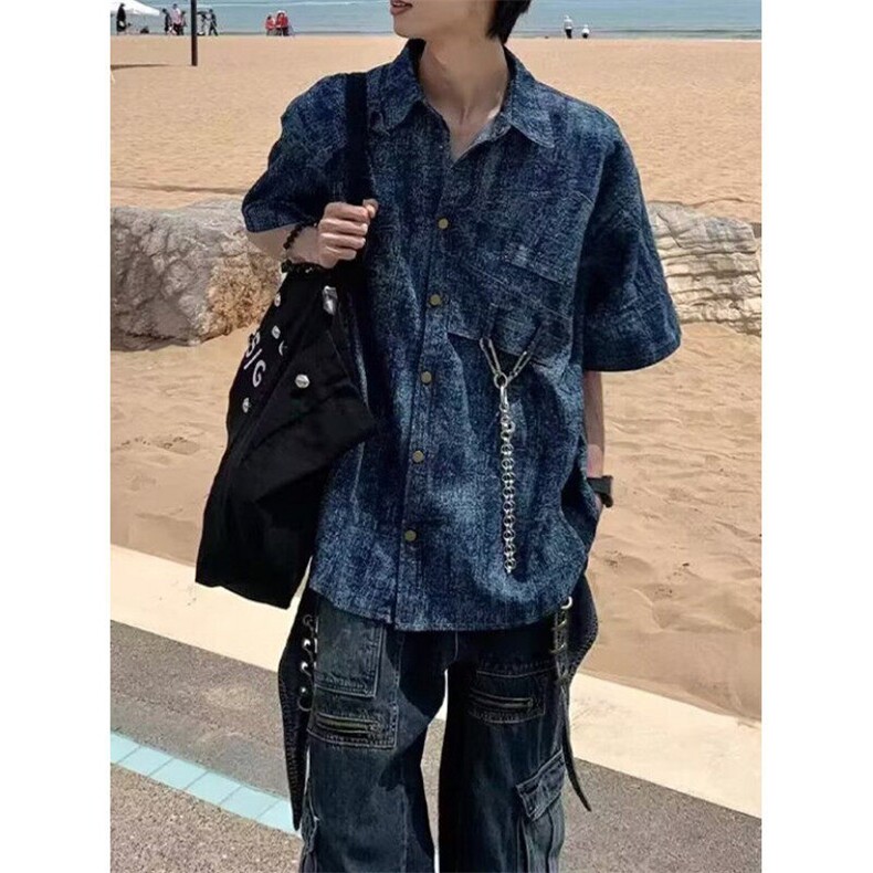 夏季薄款提花金属扣短袖衬衫新中式宽松翻领半袖上衣 C4715图片