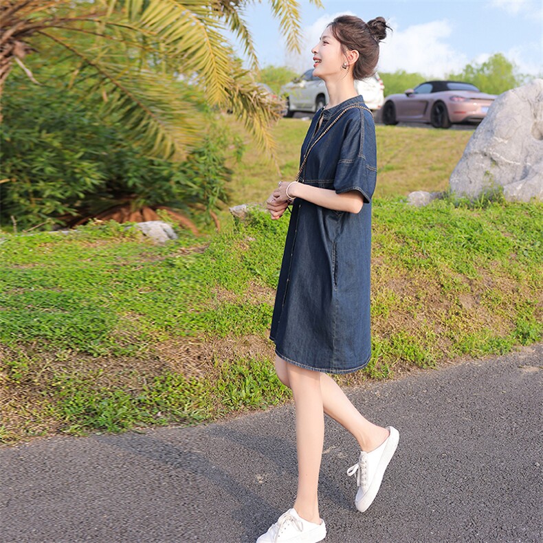 2023年夏款新款宽松休闲短袖V领薄款牛仔裙,女装连衣裙,瑶迪依秀