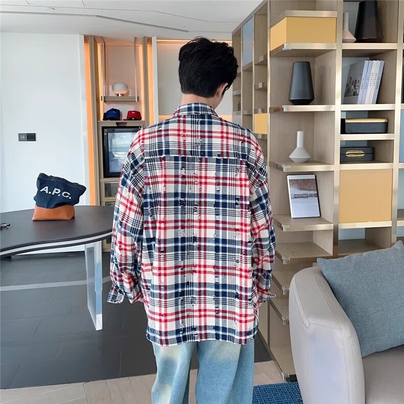 美式复古设计感拼色条纹长袖衬衫男女休闲宽松春秋情侣外套男,男装衬衫,星座218-1（原230）