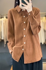 24秋冬款POLO领长袖衬衫上衣女宽松纯色打底磨毛衬衣开衫休闲外套，女装衬衫，宛庄羊绒