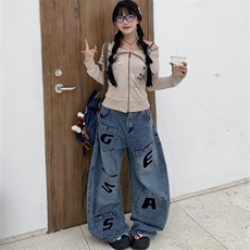 美式覆古设计感小众字母印花牛仔裤女宽松显瘦百搭长裤，男装牛仔裤，星座1210-1