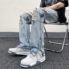 B221美式ins高街暗黑小众拉链喷墨破洞牛仔裤LK23085-P65控88，男装牛仔裤，电商B221