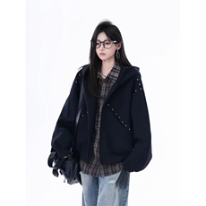 高质量美式拼接铆钉杜宾犬耳朵连帽情侣卫衣短外套网络图，女装短外套，星座410-6（原星座1304-1）