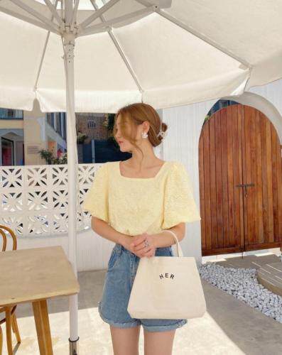 棉布刺绣泡袖上衣，女装，新袖