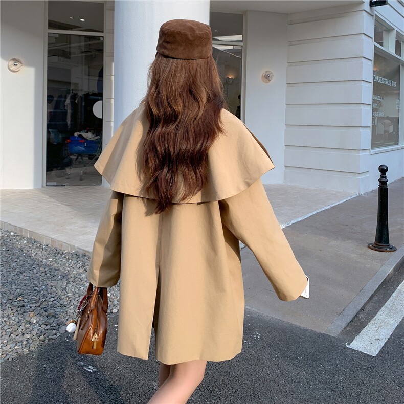 卡其色中长款斗篷风衣女2025秋季新款英伦风复古宽松小个子外套潮,女装皮衣,2D008