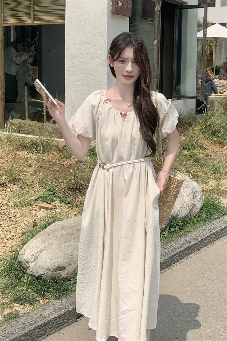 【新款】中长款杏色短泡泡袖套头连衣裙1C042-P135-K205,女装连衣裙,安在秀