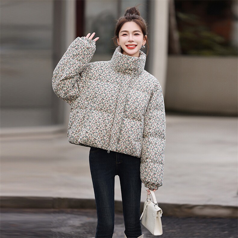 小碎花立领短款羽绒服女2024冬季新款时尚保暖白鸭绒小个子短外套,女装羽绒服,歌伊格美