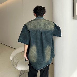 夏季新款美式复古水洗破洞做旧短袖牛仔衬衫C0996-P63有垫肩图片